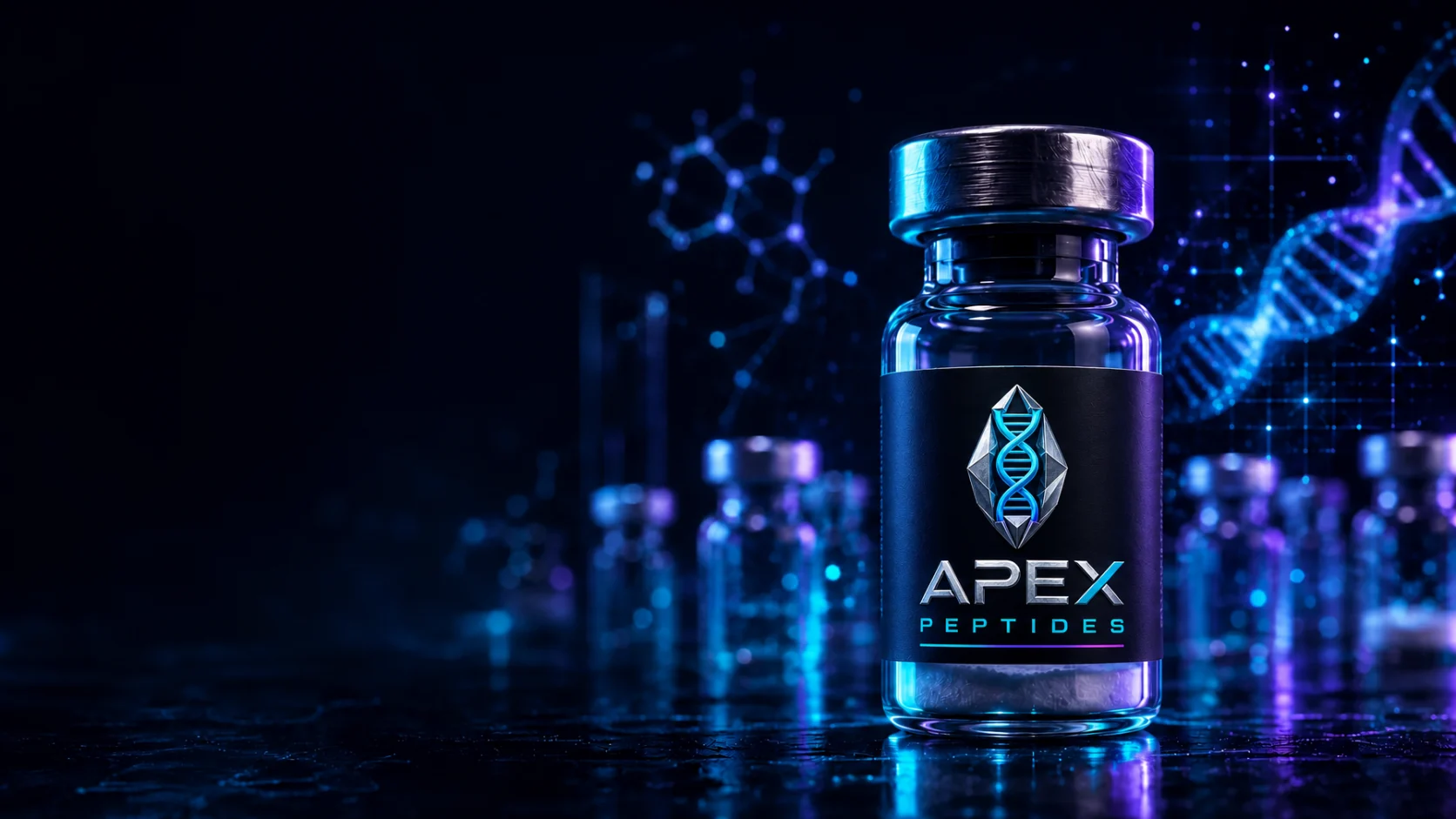 Apex Peptides research vial under cyan and violet laboratory lighting